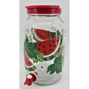 Vtg 90s Glass Sun Tea Jar Watermelons Red Plastic Lid with Handle Spout 1 Gal